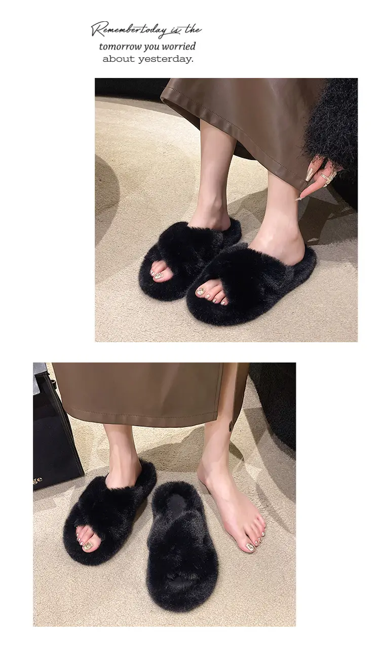 High-rise thick-soled fluffy slippers for women's outdoor wear cute non-slip muffin soft-soled high-grade lazy people's home cross-wool slippers — feature 11