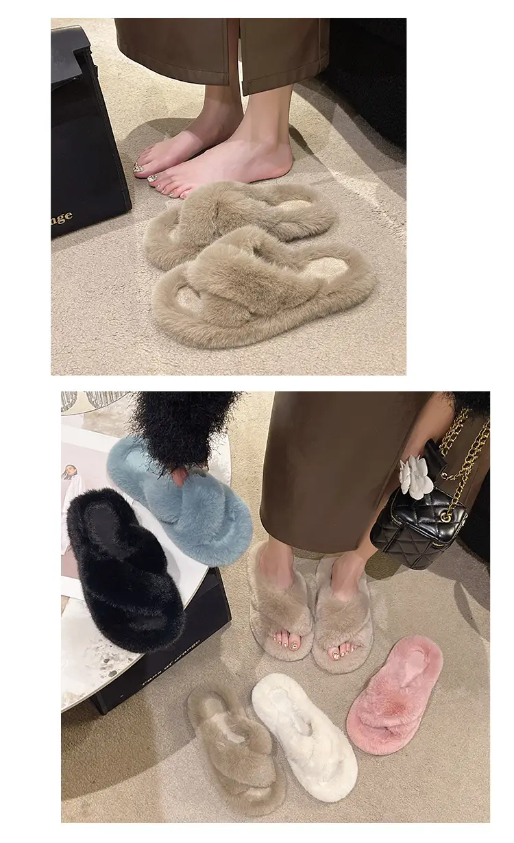 High-rise thick-soled fluffy slippers for women's outdoor wear cute non-slip muffin soft-soled high-grade lazy people's home cross-wool slippers — feature 12