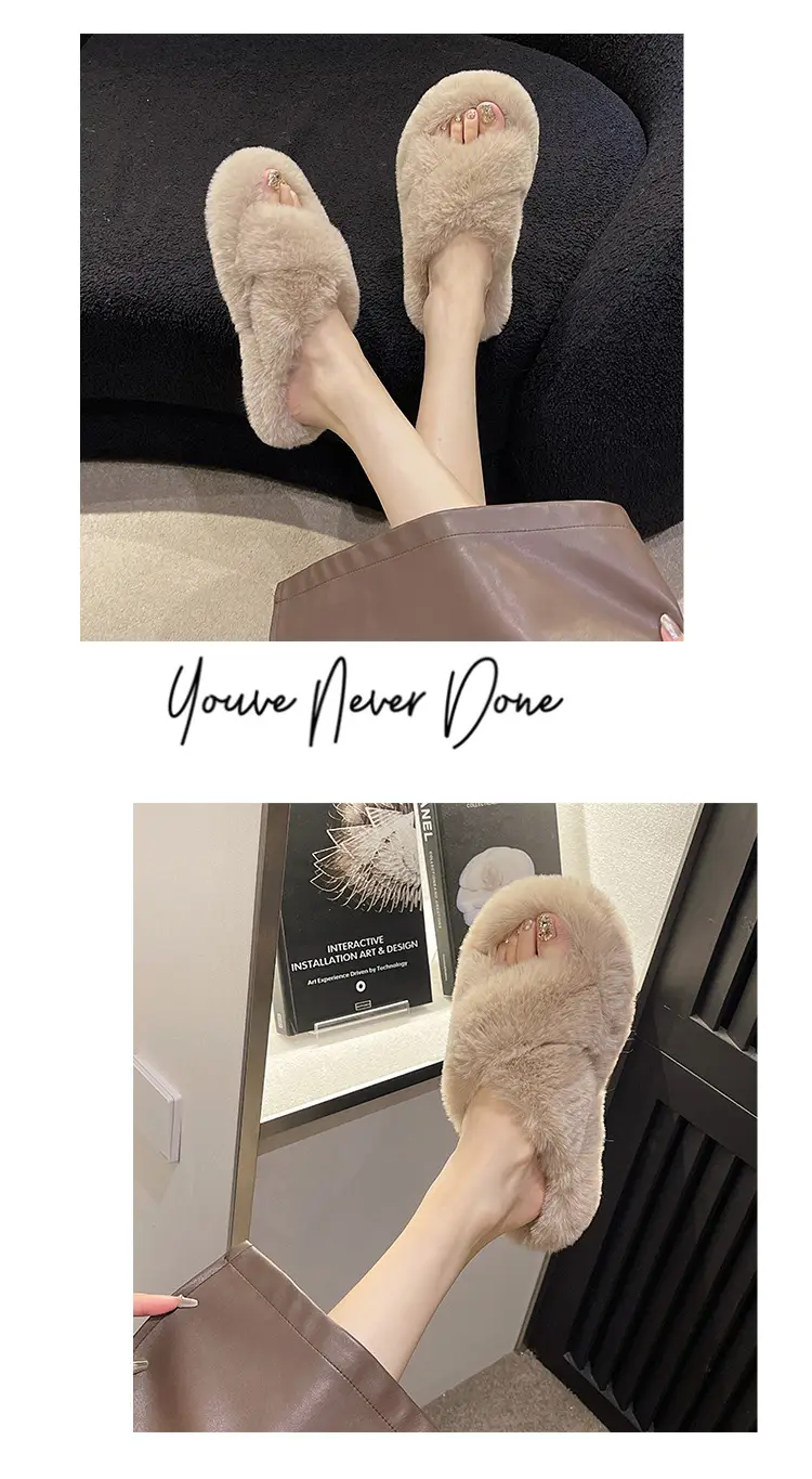 High-rise thick-soled fluffy slippers for women's outdoor wear cute non-slip muffin soft-soled high-grade lazy people's home cross-wool slippers — feature 13