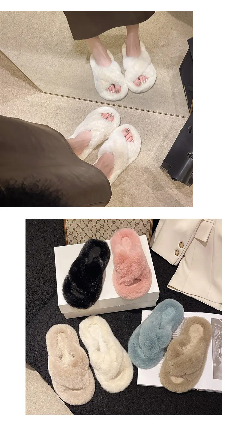 High-rise thick-soled fluffy slippers for women's outdoor wear cute non-slip muffin soft-soled high-grade lazy people's home cross-wool slippers — feature 16
