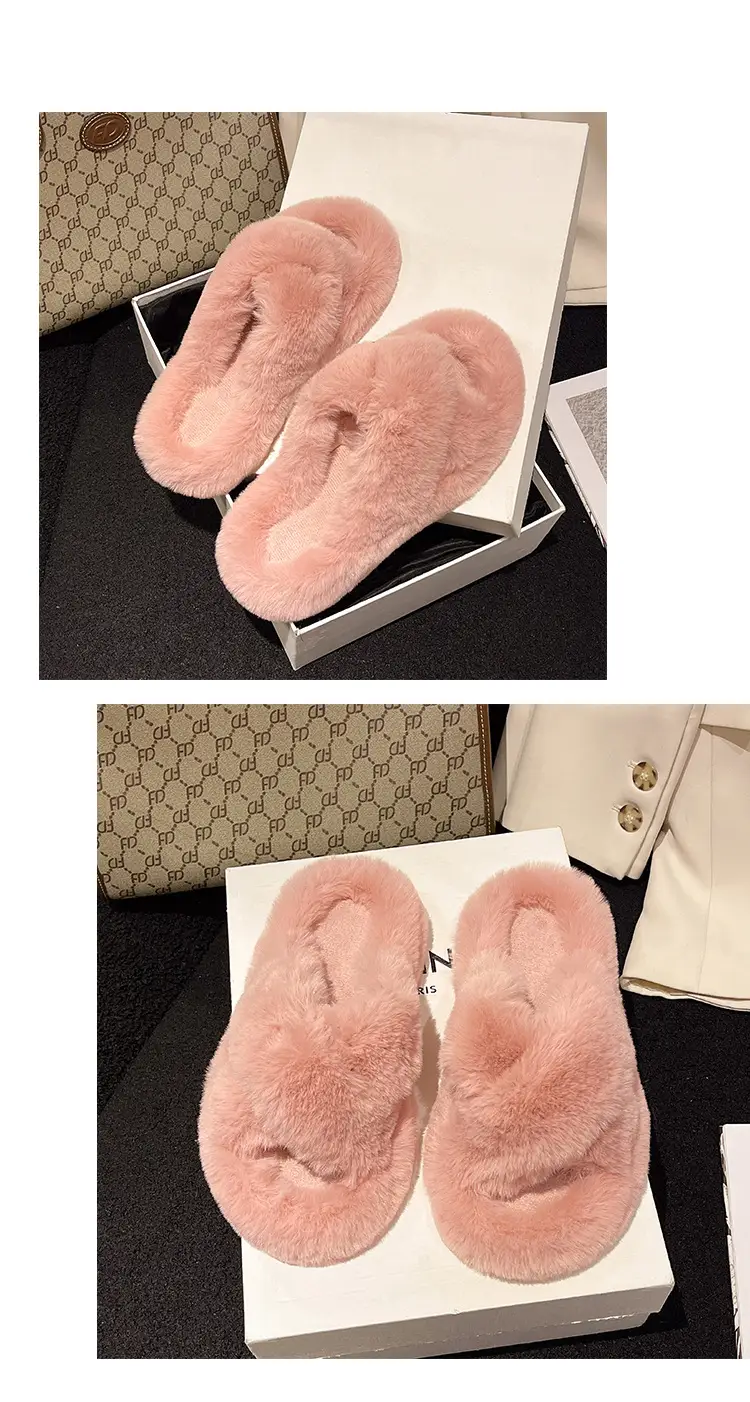 High-rise thick-soled fluffy slippers for women's outdoor wear cute non-slip muffin soft-soled high-grade lazy people's home cross-wool slippers — feature 17