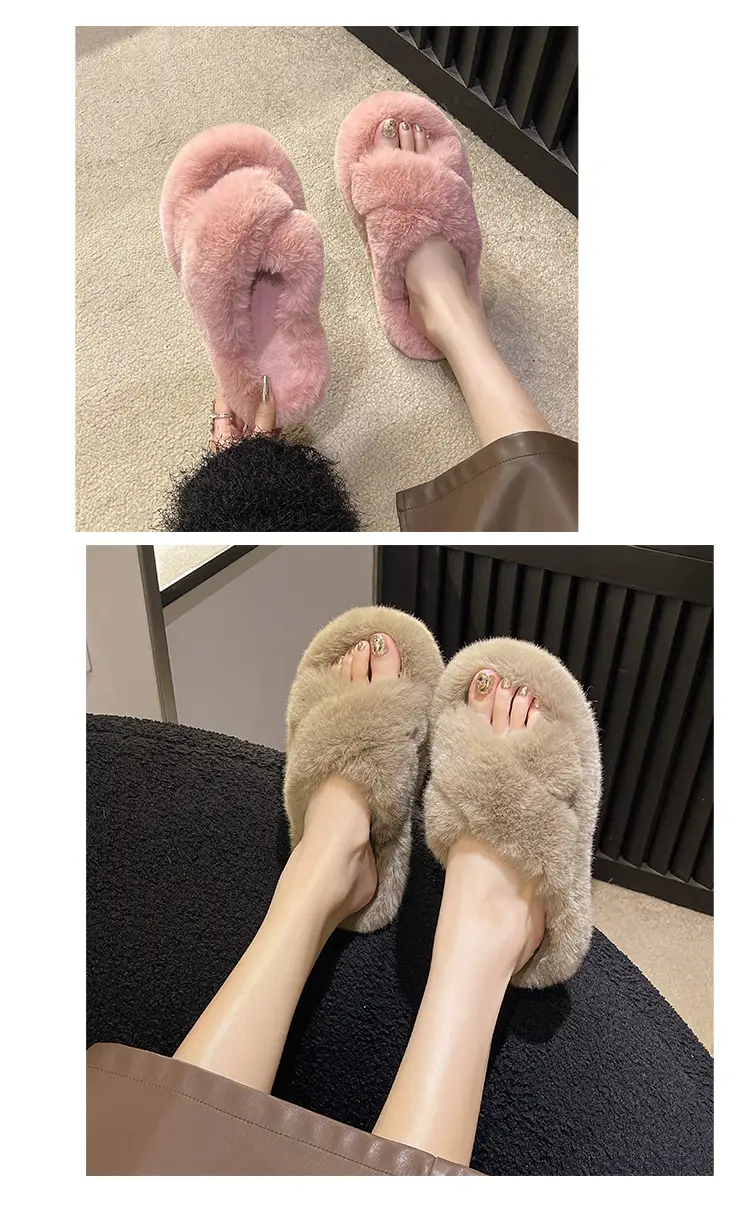 High-rise thick-soled fluffy slippers for women's outdoor wear cute non-slip muffin soft-soled high-grade lazy people's home cross-wool slippers — feature 8