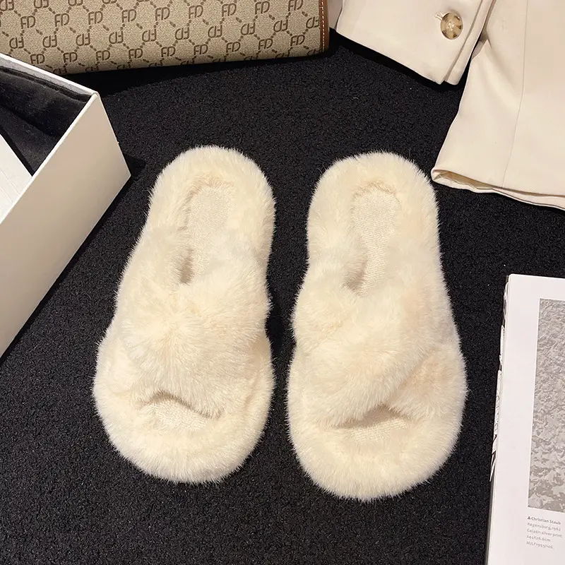 High-rise thick-soled fluffy slippers for women's outdoor wear cute non-slip muffin soft-soled high-grade lazy people's home cross-wool slippers - Image 3