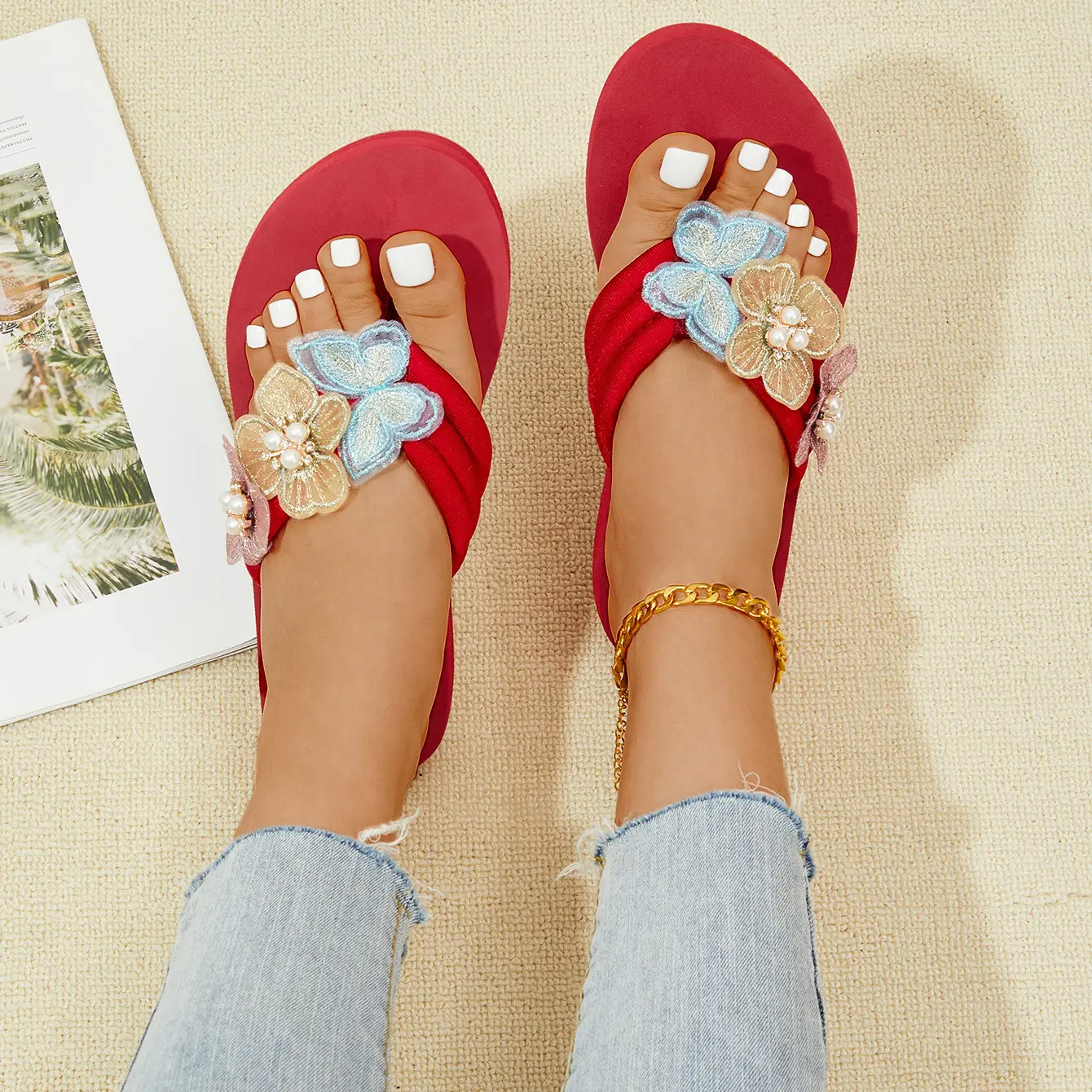 Summer Butterfly Diamond Flip Flops Red Plus Size
