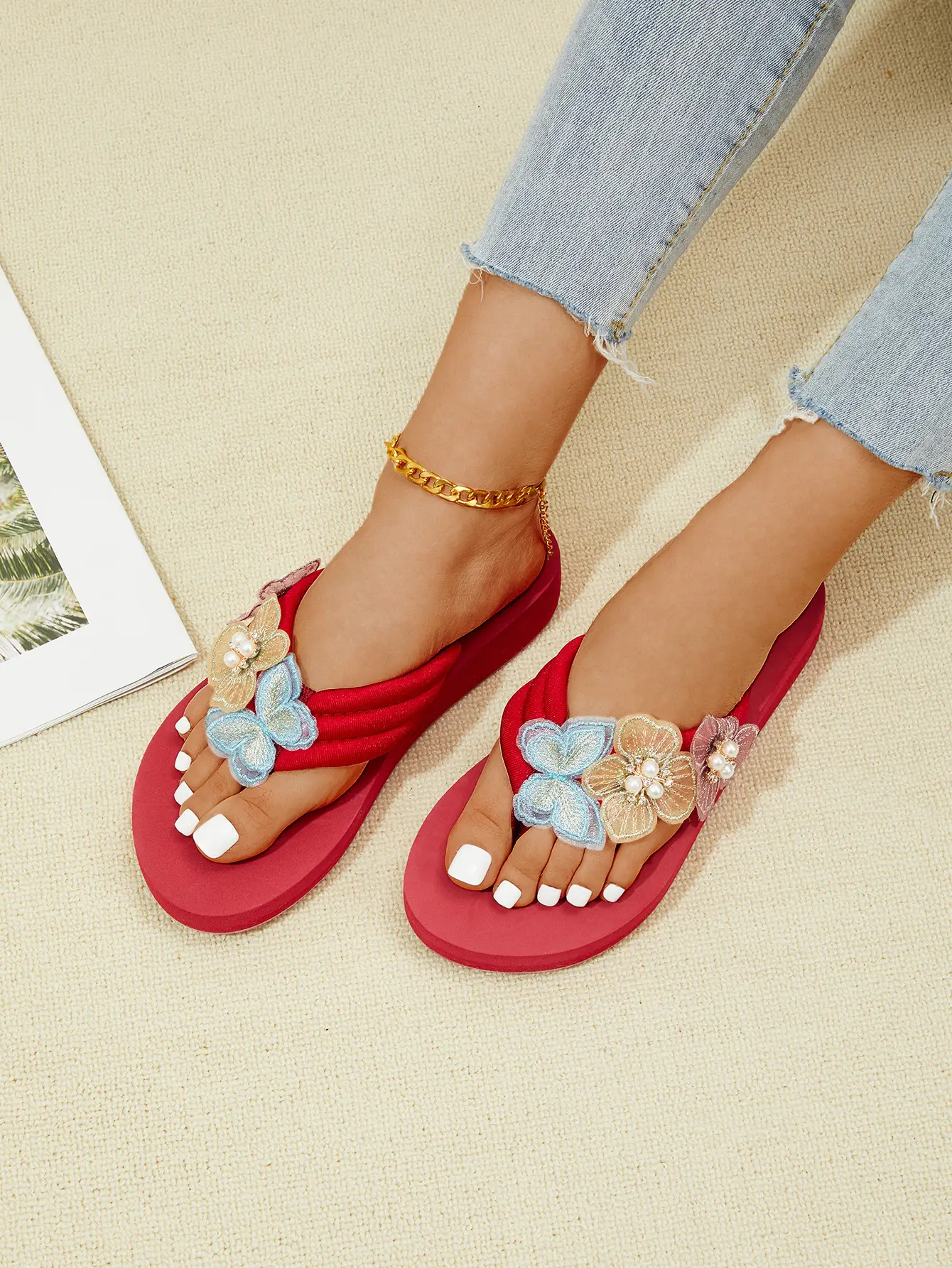 Summer Butterfly Diamond Flip Flops Red Plus Size — feature 10
