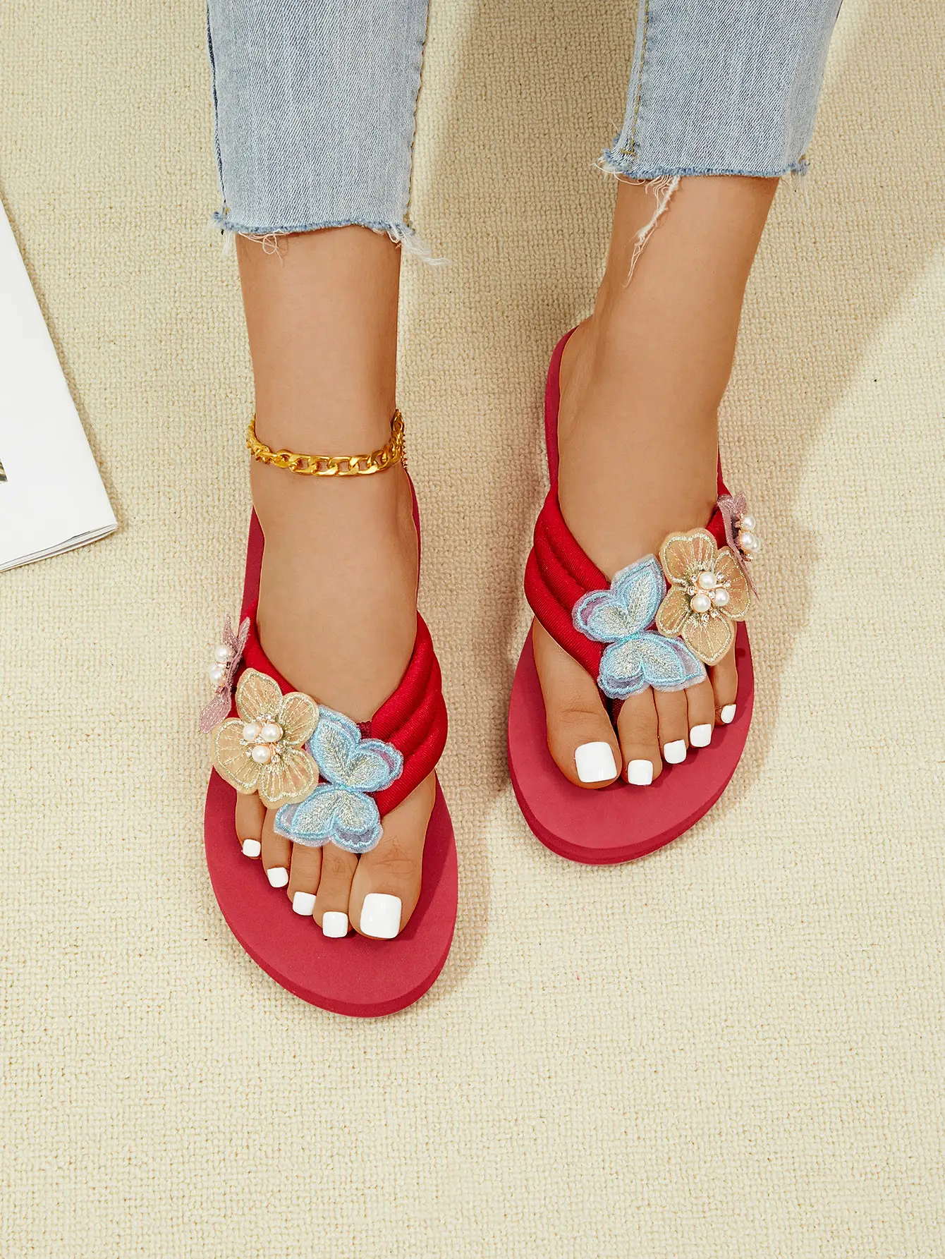 Summer Butterfly Diamond Flip Flops Red Plus Size — feature 13