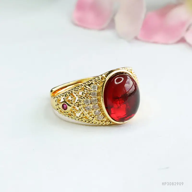 Guan Yu Natural Blood Amber Ring Water Purifying Adjustable Vintage