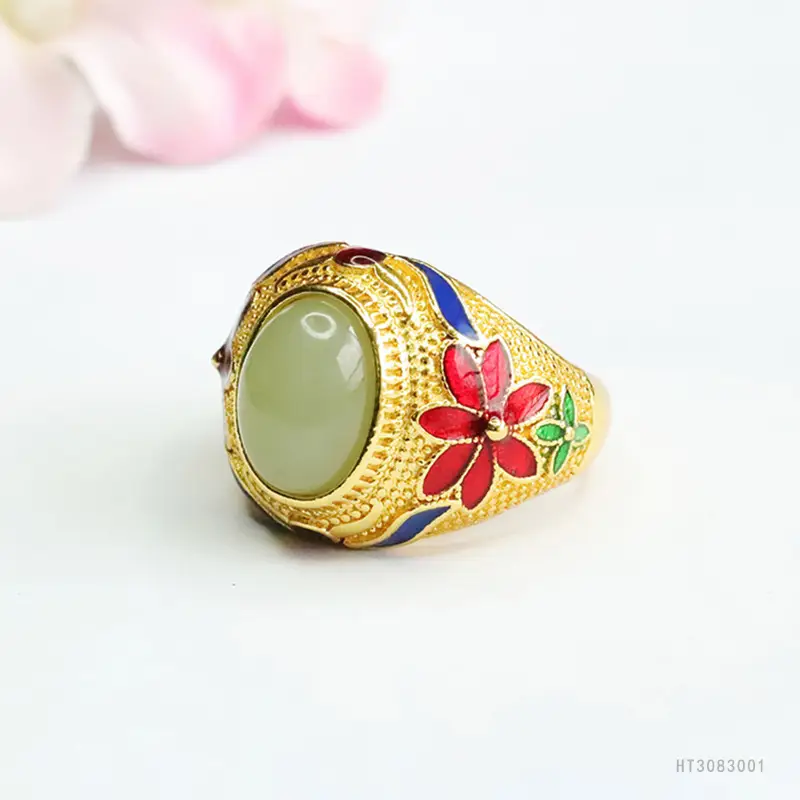 Vintage Hetian Jade Clear Water Ring with Red & Blue Stones - Image 3