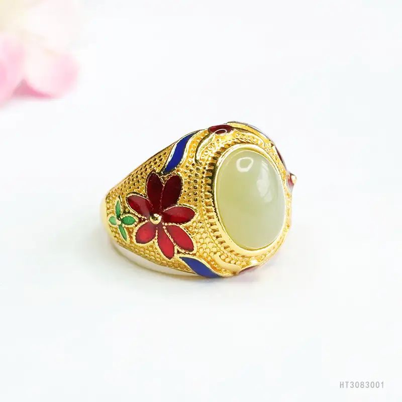 Vintage Hetian Jade Clear Water Ring with Red & Blue Stones - Image 4