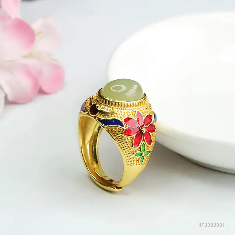 Vintage Hetian Jade Clear Water Ring with Red & Blue Stones - Image 5