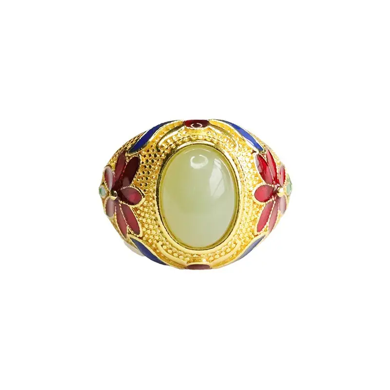 Vintage Hetian Jade Clear Water Ring with Red & Blue Stones - Image 6