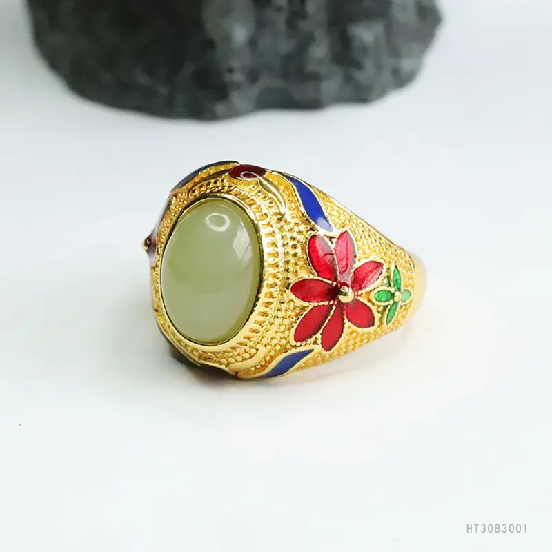 Vintage Hetian Jade Clear Water Ring with Red & Blue Stones — feature 10