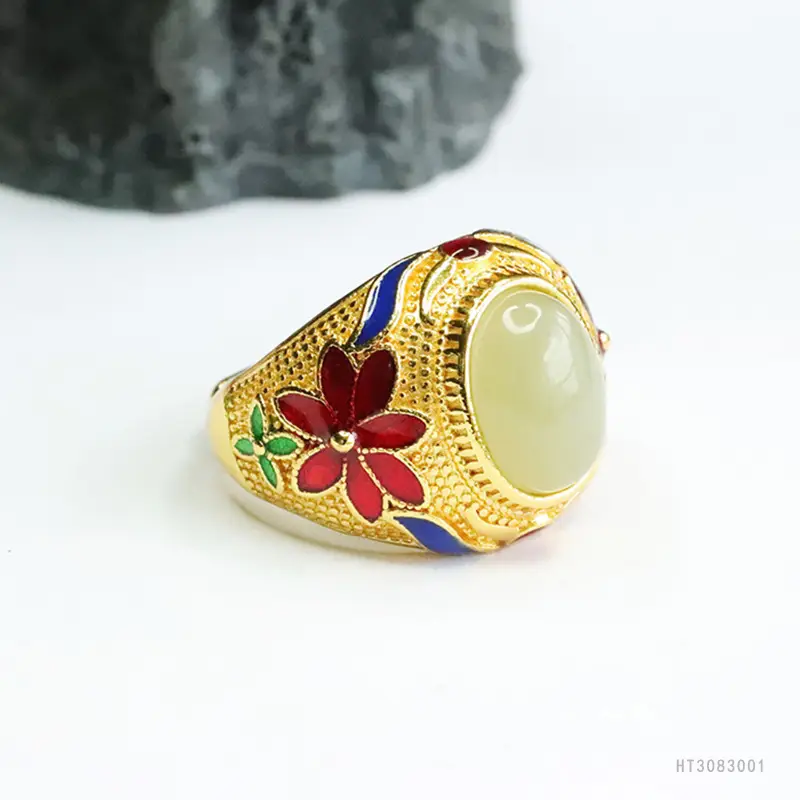 Vintage Hetian Jade Clear Water Ring with Red & Blue Stones — feature 11