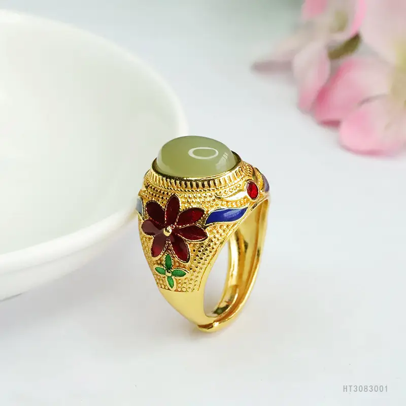 Vintage Hetian Jade Clear Water Ring with Red & Blue Stones — feature 8