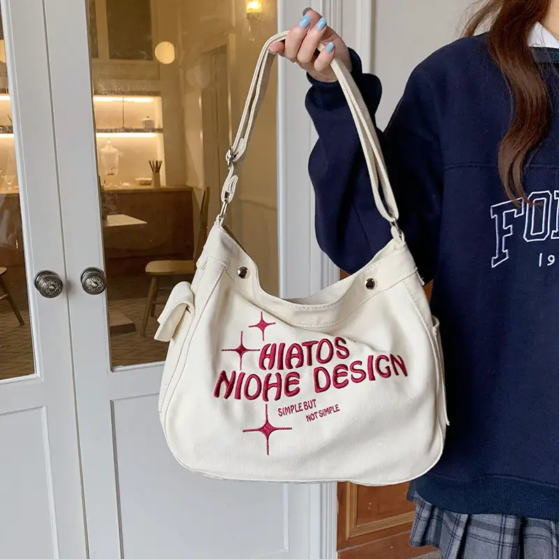 Canvas Embroidered College Bag Large Capacity Shoulder Crossbody - Image 2