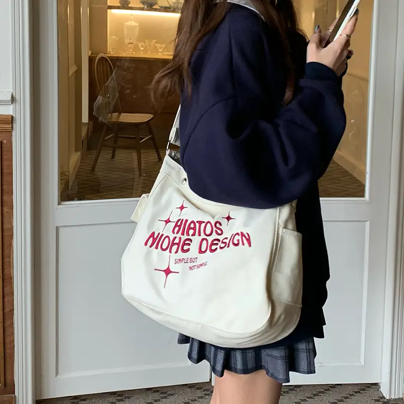 Canvas Embroidered College Bag Large Capacity Shoulder Crossbody — feature 10