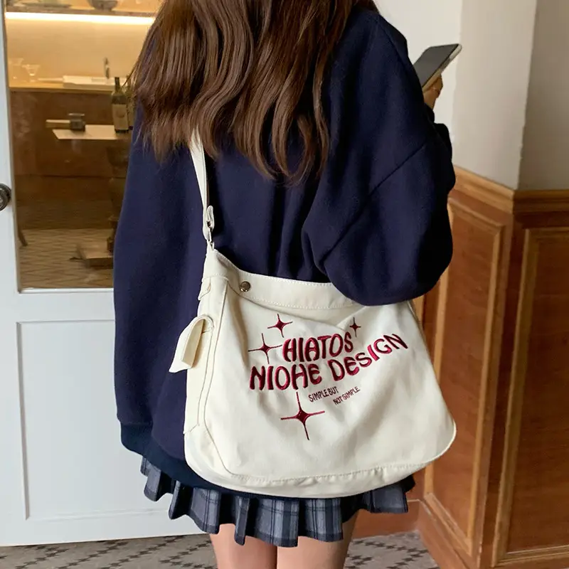 Canvas Embroidered College Bag Large Capacity Shoulder Crossbody — feature 11