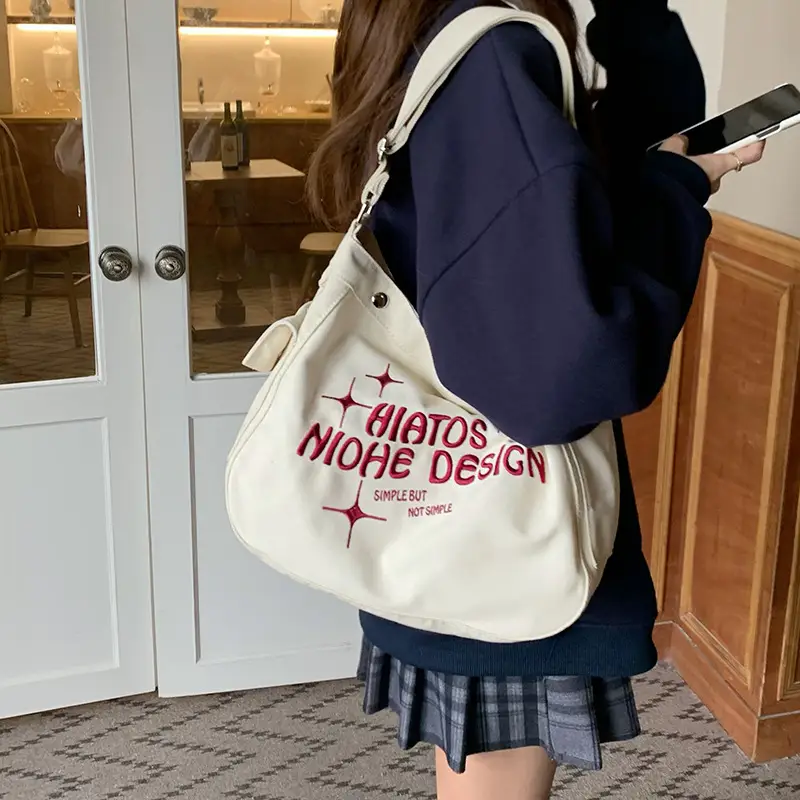 Canvas Embroidered College Bag Large Capacity Shoulder Crossbody — feature 15