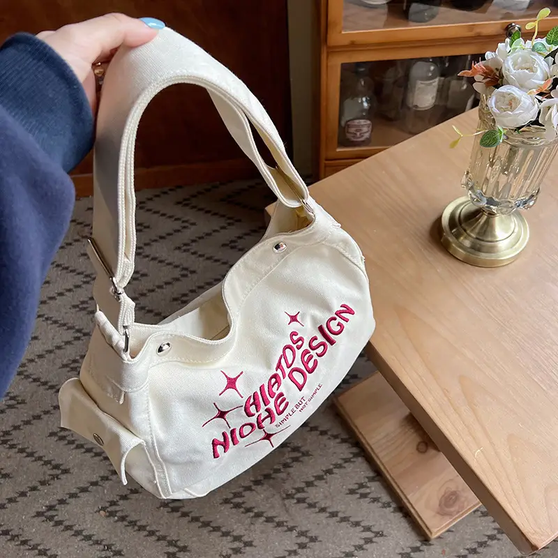 Canvas Embroidered College Bag Large Capacity Shoulder Crossbody — feature 7