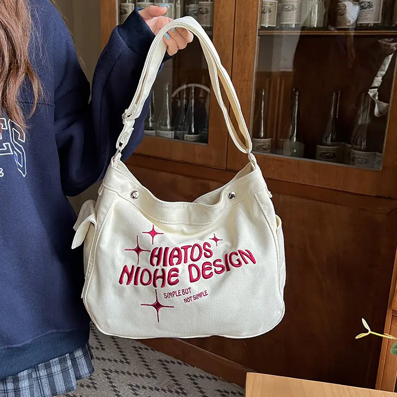 Canvas Embroidered College Bag Large Capacity Shoulder Crossbody — feature 8