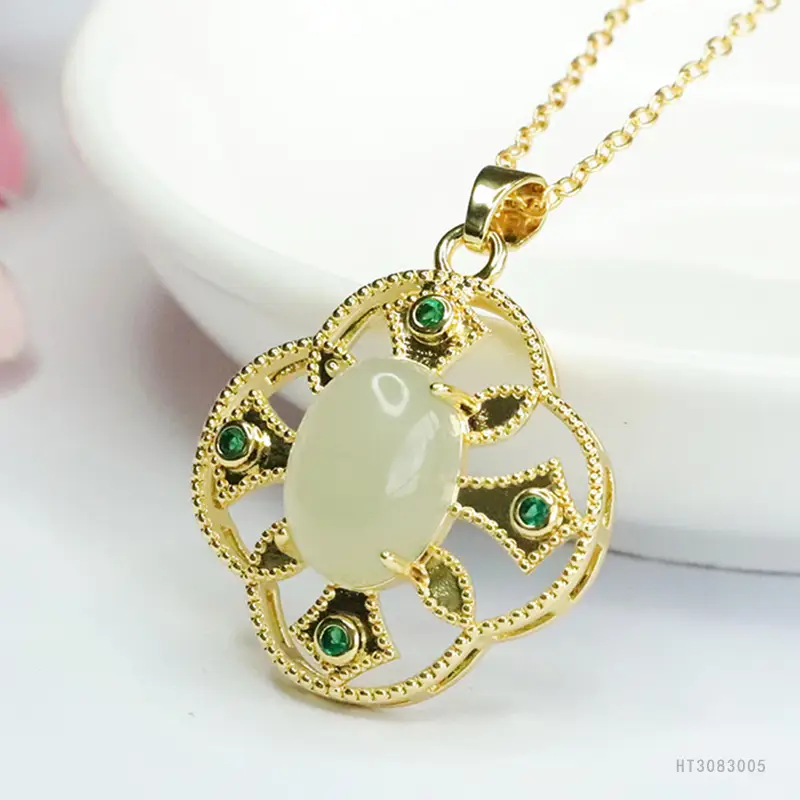 Guan Yu Jade Pendant with Green Stones Gold Plated - Image 3