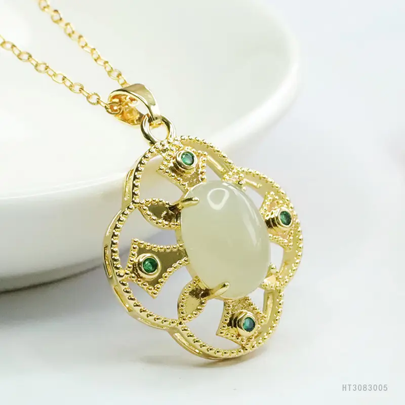 Guan Yu Jade Pendant with Green Stones Gold Plated - Image 4