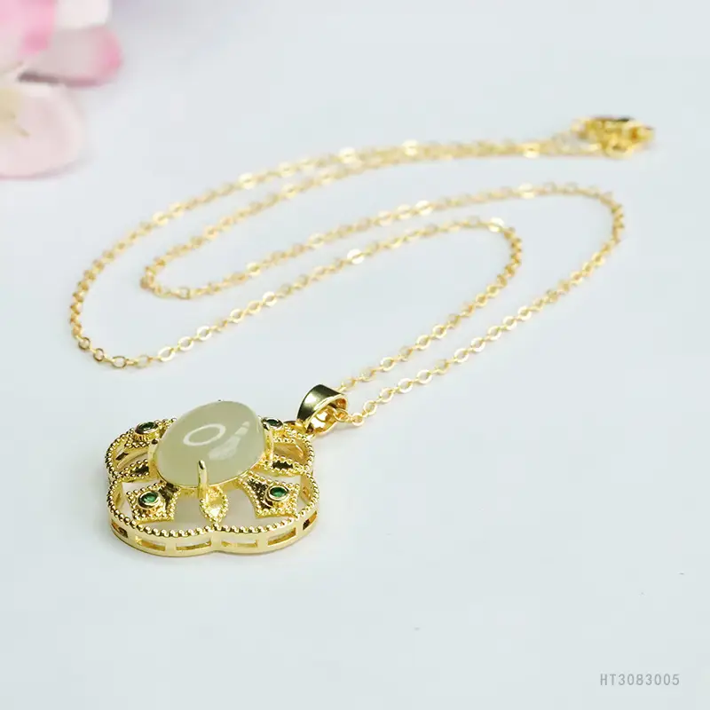Guan Yu Jade Pendant with Green Stones Gold Plated - Image 5
