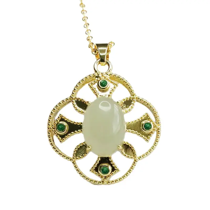 Guan Yu Jade Pendant with Green Stones Gold Plated - Image 6