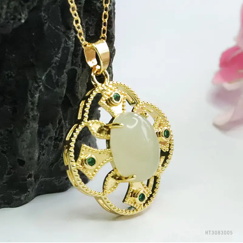 Guan Yu Jade Pendant with Green Stones Gold Plated — feature 10