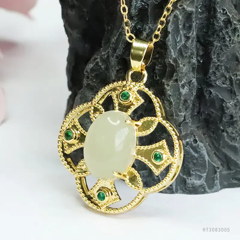 Guan Yu Jade Pendant with Green Stones Gold Plated — feature 11