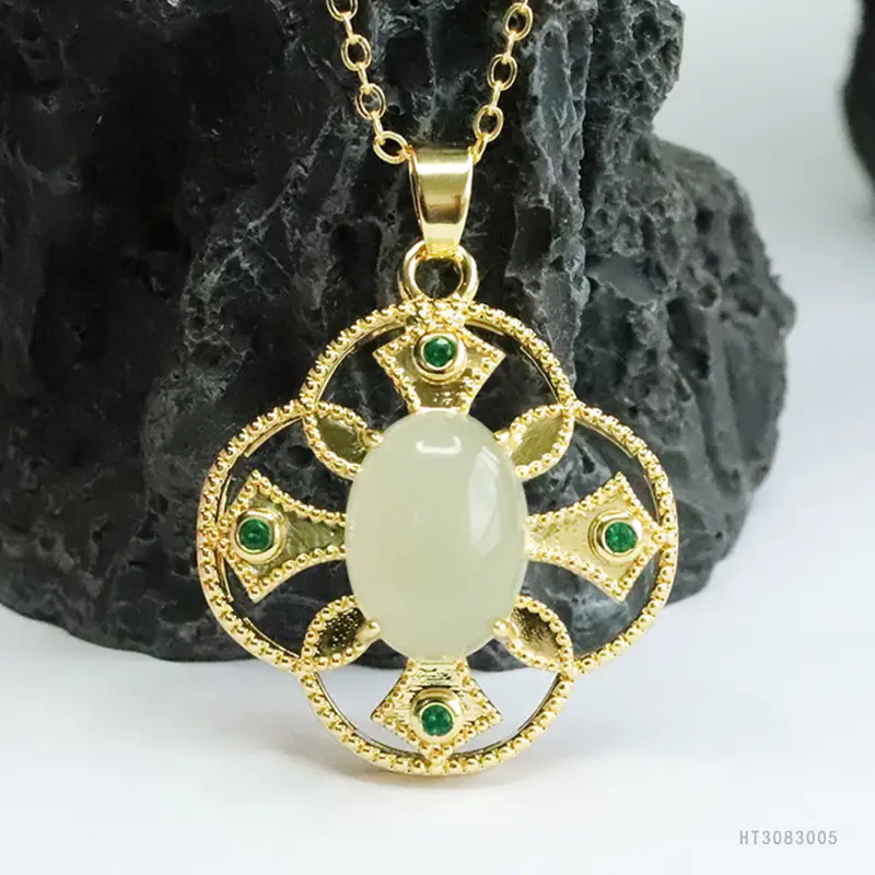 Guan Yu Jade Pendant with Green Stones Gold Plated — feature 9
