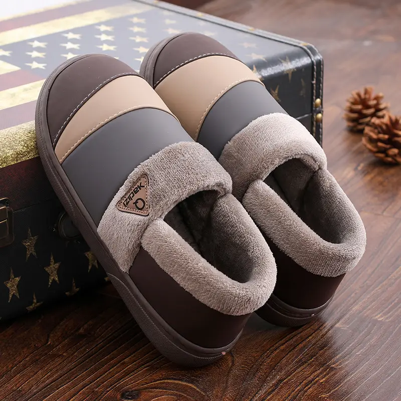 Waterproof Cotton Slippers Men's Leather Winter Warm Bag Heel Indoor Home Non-Slip Household plus size Cotton Shoes for Men - Image 6