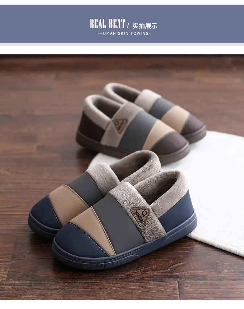 Waterproof Cotton Slippers Men's Leather Winter Warm Bag Heel Indoor Home Non-Slip Household plus size Cotton Shoes for Men — feature 12