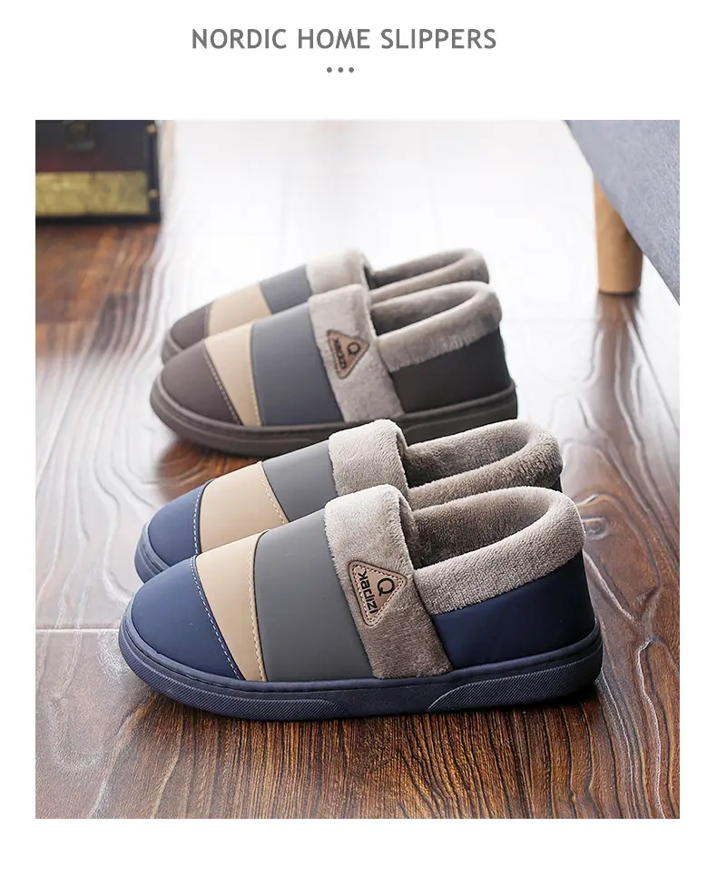 Waterproof Cotton Slippers Men's Leather Winter Warm Bag Heel Indoor Home Non-Slip Household plus size Cotton Shoes for Men — feature 13