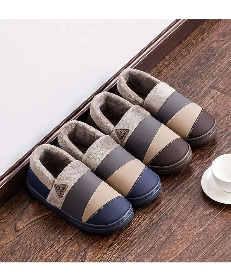 Waterproof Cotton Slippers Men's Leather Winter Warm Bag Heel Indoor Home Non-Slip Household plus size Cotton Shoes for Men — feature 14