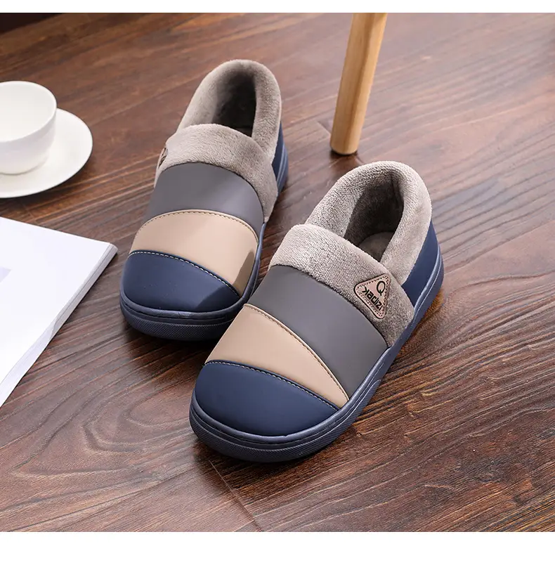 Waterproof Cotton Slippers Men's Leather Winter Warm Bag Heel Indoor Home Non-Slip Household plus size Cotton Shoes for Men — feature 15