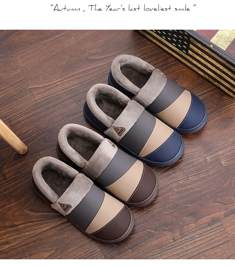 Waterproof Cotton Slippers Men's Leather Winter Warm Bag Heel Indoor Home Non-Slip Household plus size Cotton Shoes for Men — feature 16