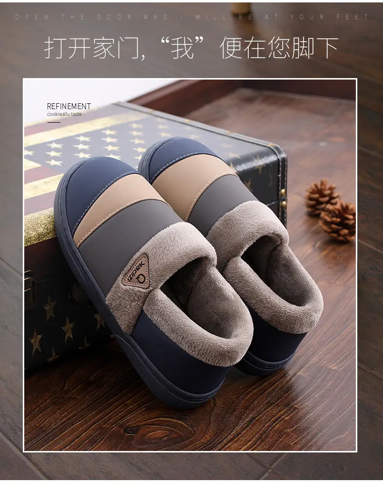 Waterproof Cotton Slippers Men's Leather Winter Warm Bag Heel Indoor Home Non-Slip Household plus size Cotton Shoes for Men — feature 3