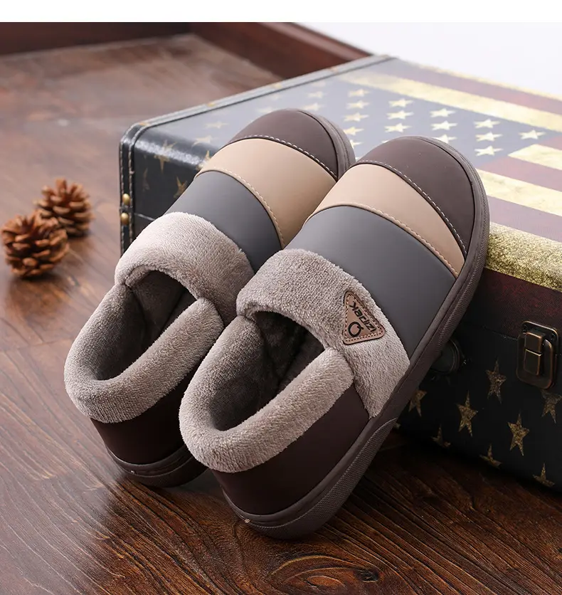Waterproof Cotton Slippers Men's Leather Winter Warm Bag Heel Indoor Home Non-Slip Household plus size Cotton Shoes for Men — feature 4