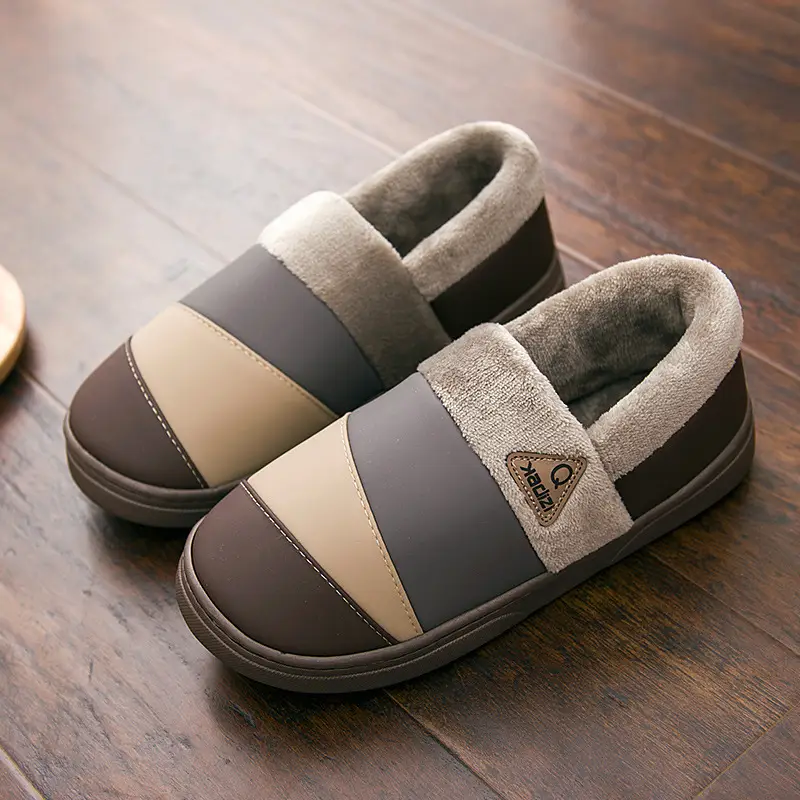 Waterproof Cotton Slippers Men's Leather Winter Warm Bag Heel Indoor Home Non-Slip Household plus size Cotton Shoes for Men - Image 2