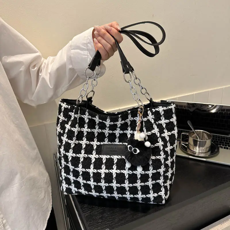 Women Woolen Shoulder Bag Black White Plaid Large Capacity - Image 4