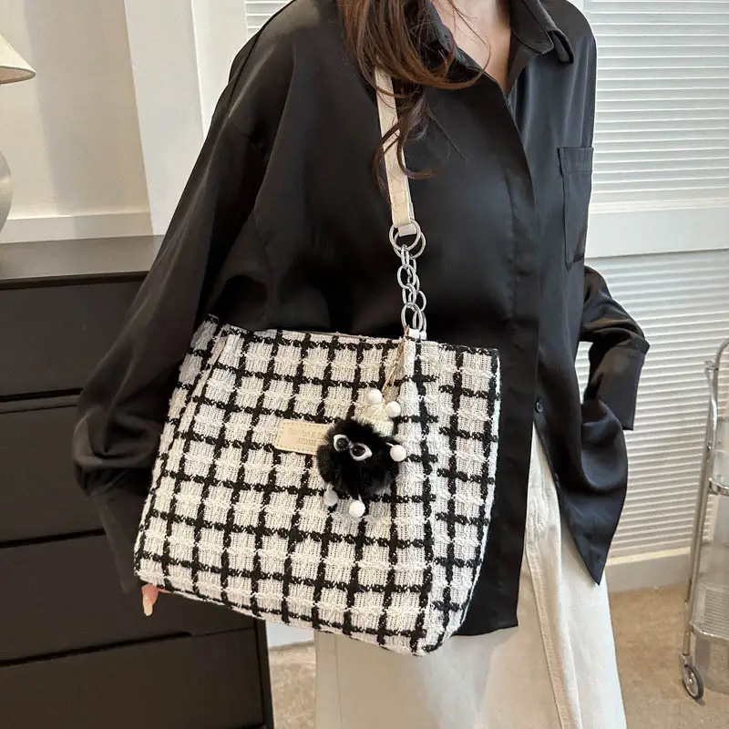 Women Woolen Shoulder Bag Black White Plaid Large Capacity - Image 7