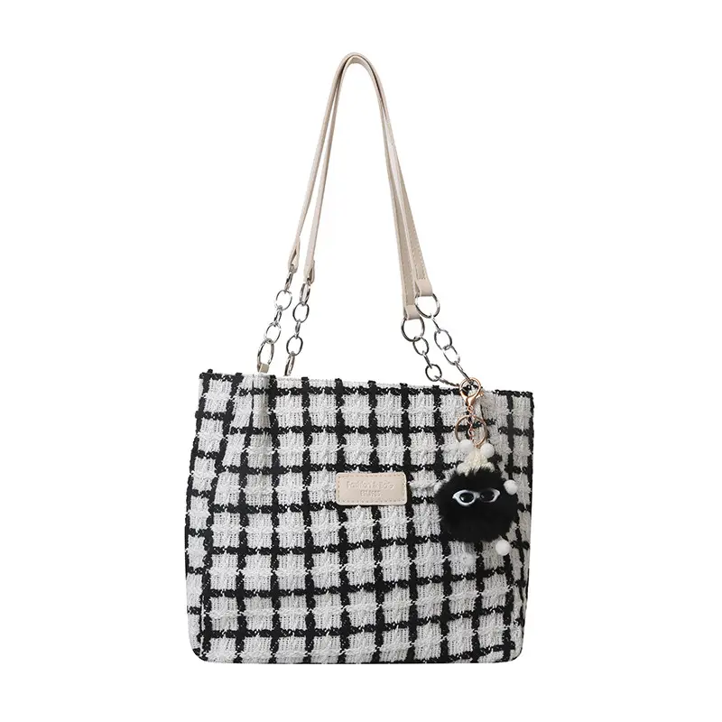 Women Woolen Shoulder Bag Black White Plaid Large Capacity - Image 8