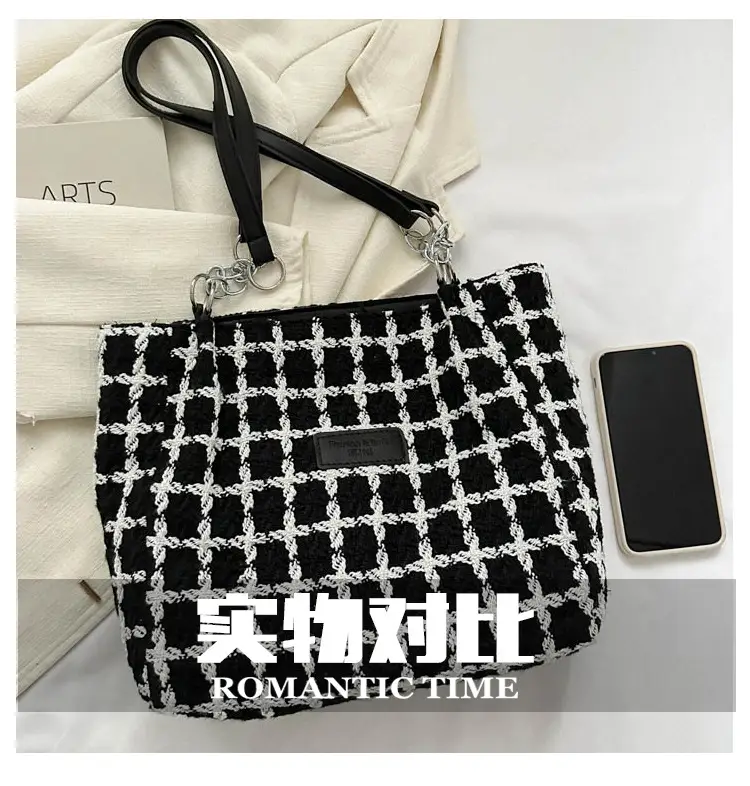 Women Woolen Shoulder Bag Black White Plaid Large Capacity — feature 11