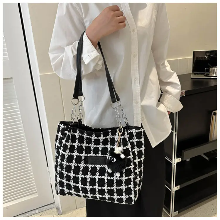 Women Woolen Shoulder Bag Black White Plaid Large Capacity — feature 13