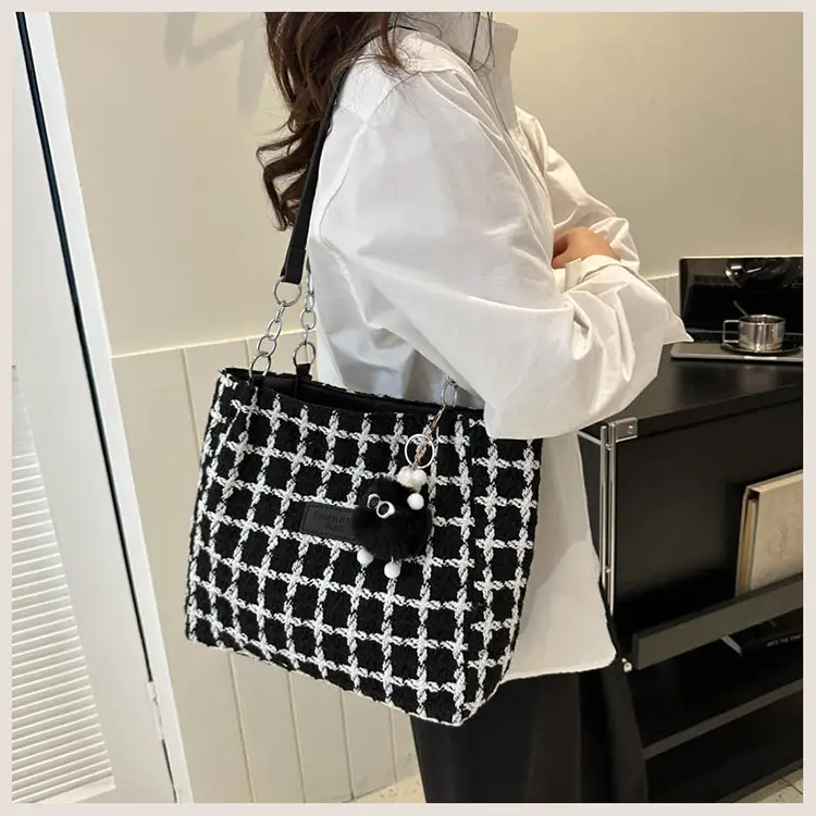 Women Woolen Shoulder Bag Black White Plaid Large Capacity — feature 14