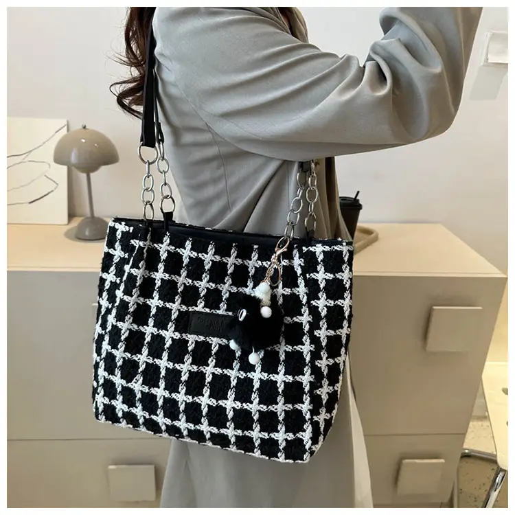 Women Woolen Shoulder Bag Black White Plaid Large Capacity — feature 19