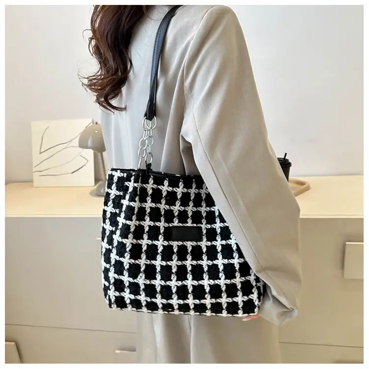 Women Woolen Shoulder Bag Black White Plaid Large Capacity — feature 20