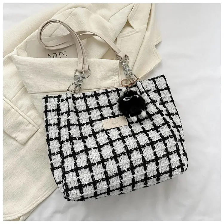 Women Woolen Shoulder Bag Black White Plaid Large Capacity — feature 25