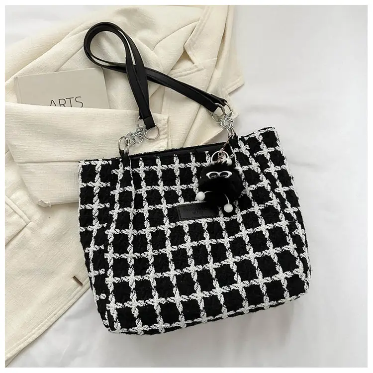 Women Woolen Shoulder Bag Black White Plaid Large Capacity — feature 26